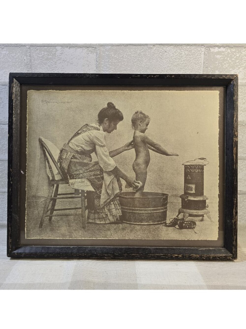 Sepia Art Framed Print Woman Giving Child a Bath Metal Tub ~ R. Hendrickson 15"